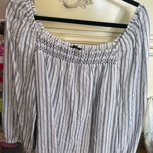 Banana Republic off the shoulder white and blue striped blouse